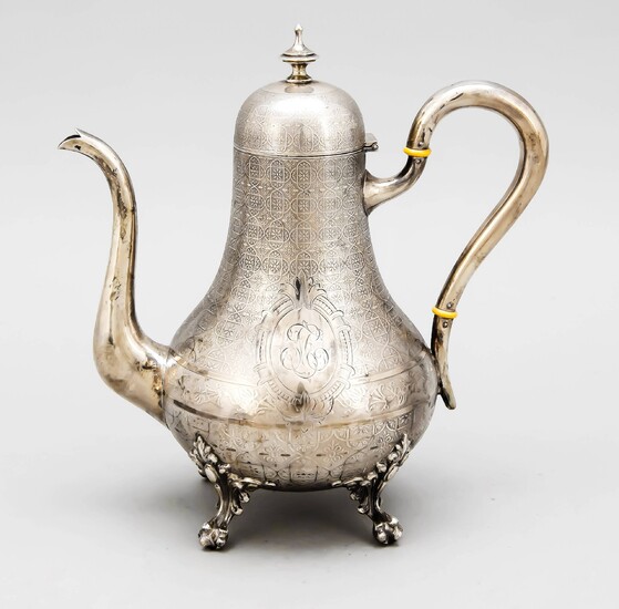 Coffee pot, France, around 1900, hallmarked unclear, silver 950/000, on 4 decorated feet, bulgy body, sidely attached curved handle, domed and hinged lid, wall with surface-covering ornamental decor and monogram, h. 23.5 cm, approx. 539 g