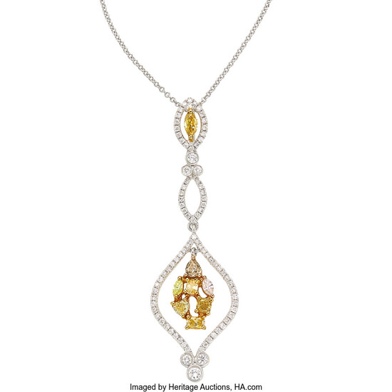Colored Diamond, Diamond, Gold Pendant-Necklace The necklace features fancy-cut...