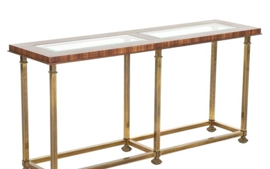Contemporary Regency Style Glass Top Brass and Zebrawood Console Table
