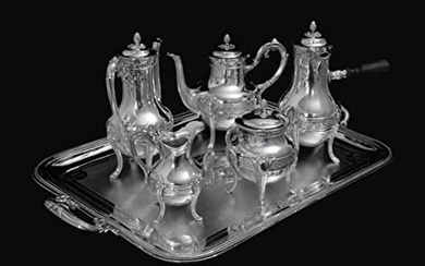 DOUTRE-ROUSSEL 6pc. FRENCH 950 STERLING SILVER TEA SET + CHRISTOFLE TRAY 1890s