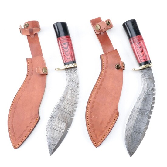 Damascus Steel and Wooden Handled Kukri Style Knives with Scabbards