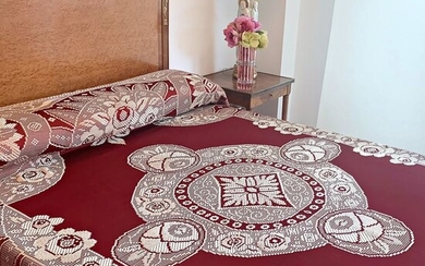 Damask silk bedspread, wine brocade and silver with roses - 220 x 175 cm - Silk - First half 20th century