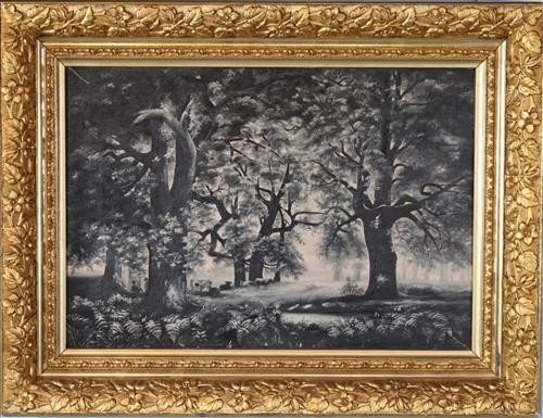 Dark oil on canvas of forest scene, 19 x 20