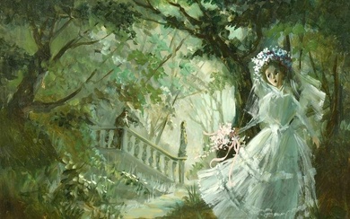 Deborah Jones (1921-2012) British, A young bride on a moonlit woodland trail, oil on board, signed