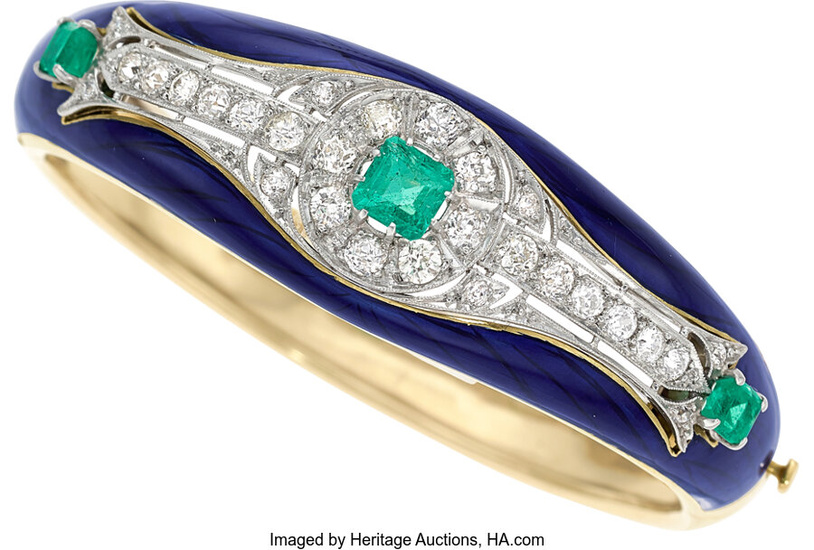 Diamond, Emerald, Enamel, Platinum, Gold Bracelet Stones: European and...