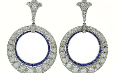 Diamond Sapphire White Gold Dangle EARRINGS Art Deco