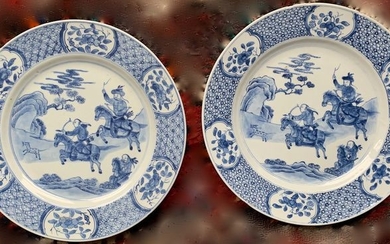 Dish (2) - Blue and white - Porcelain - Hunter and horse - China - Kangxi (1662-1722)