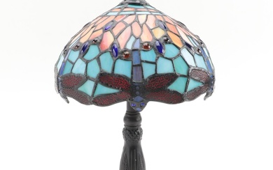 Dragonfly Slag Glass Shade Pressed Metal Accent Lamp, 21st Century