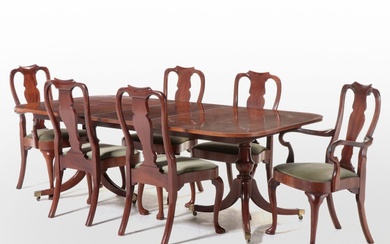 Duncan Phyfe Style Mahogany Extending Dining Table and Queen Anne Style Chairs
