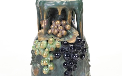 EDDA Austria Art Nouveau Ceramic Vase with Applied Grapes, Early 20th Century