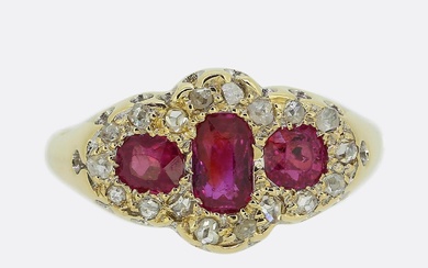 Early 20th Century Burmese Ruby Three-Stone and Diamond Ring