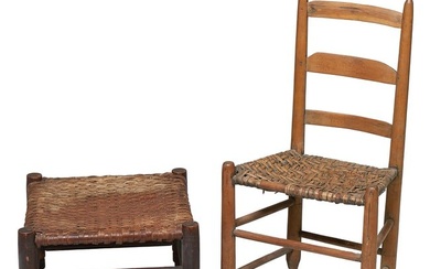 Early Louisiana Chair and Southern Stool, 19th c., the chair with nipple finialed stiles over slat