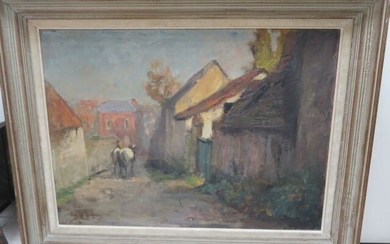 Edouard LEFORT-MAGNIEZ "Horses in an alley" HST, SBG. 46 x 65 cm Lacquered wooden frame.