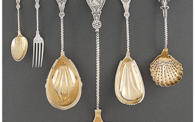 Eleven Wood & Hughes Medallion Pattern Partial Gilt Silver Flatware Place and Serving Pieces (designed 1863)