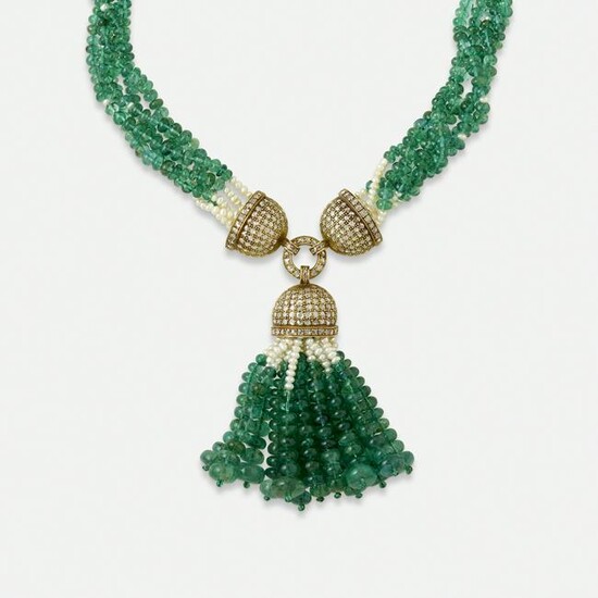 Emerald bead and cultured pearl tassel necklace