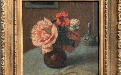 Emile MESNAGER (XIX-XXème) Bouquet de fleurs dans un vase près d'un livre sur une table...