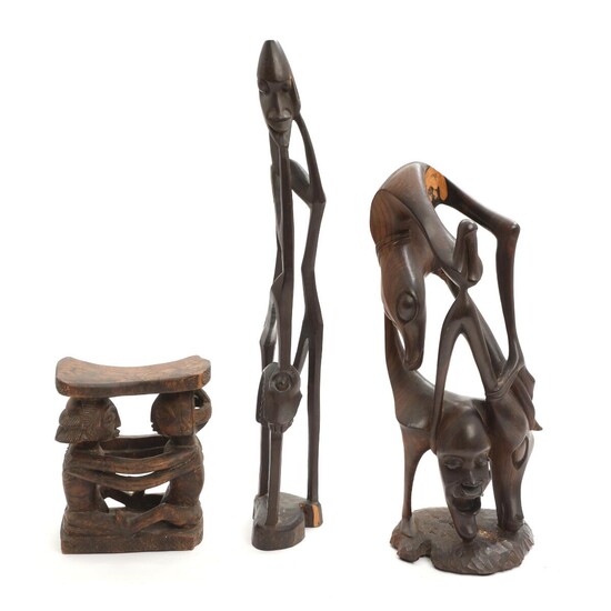 SOLD. Everist Nampoka, ascribed to, a.o.: Two wooden "Shetani" figures and a Luba style headrest. 20th century. H. 21-59 cm. (3) – Bruun Rasmussen Auctioneers of Fine Art