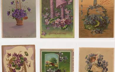 FANTAISIE. 560 cartes postales illustrées de violettes. Réunies dans 2 classeurs in-4 à anneaux. Cartes...