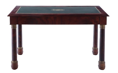 FRENCH EMPIRE STYLE MAHOGANY BRONZE MOUNTED LEATHER TOP WRITING DESK.