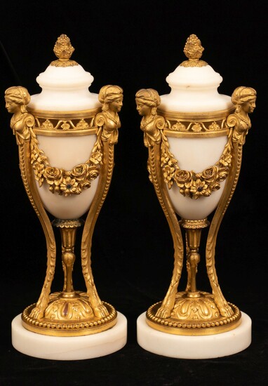 FRENCH GILT BRONZE & MARBLE COVERED URNS, 19TH.C. PAIR, H 14", DIA 5"
