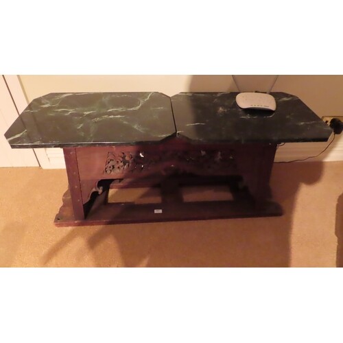 Far Eastern carved oak table base with two pieces of green f...