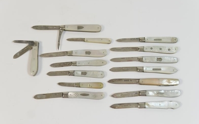 Fifteen silver and mother of pearl folding fruit knives,...