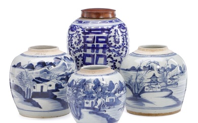 Four Chinese blue and white ginger jars of which three with landscape...