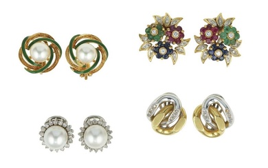 Four pair of gold and gem-set earrings