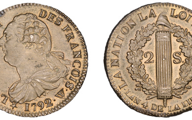 France, Louis XVI (1774-1793), 2 Sols, 1792w (pellet below w), Arras, 24.48g/6h...