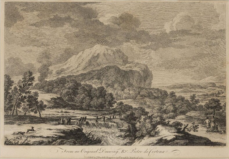 Francesco Bartolozzi, RA, Italian 1727-1815- Landscape, from an original drawing by Pietro Berrettini da Cortona (1597-1669); etching and engraving printed in black ink on paper, published by John Boydell, Engraver in Cheapside, March 21st 1763, 24...