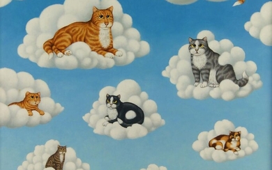 Fred Aris, British 1932-1995- Cats in the clouds; oil on board, signed lower right, 39.5 x49.5 cm (ARR)