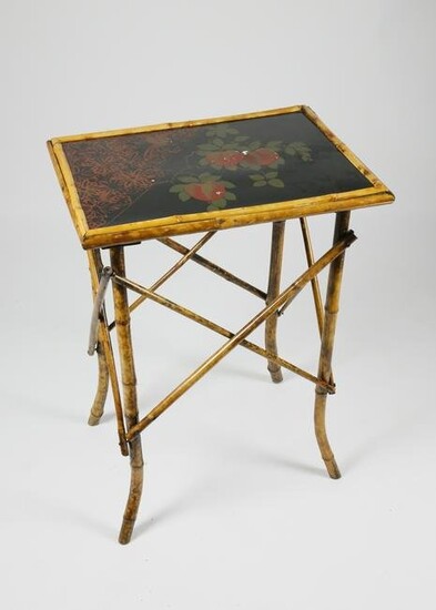 French Bamboo Table with Lacquered Floral Decorated