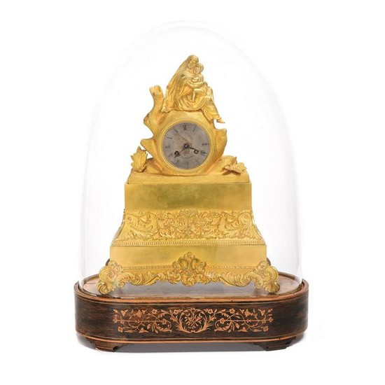 French Empire Brass Figural Mantle Clock with Silk