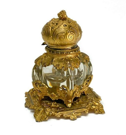 French Glass and Gilt Bronze Inkwell Gold, circa 1900