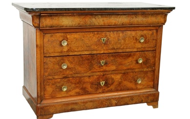 French Louis XVI style 3 drawer commode with marble top.