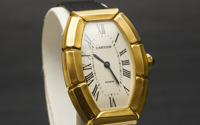 French gold watch Cartier Tonneau Bambou The end of the 20th century. Manufacturer - CARTIER International SNC, France. Tonneau Bambou Collection, Serial no. A111906. Yellow gold, 18K. Total weight 52.53 g. The size of the dial is 3.4x2.7 cm. Original...