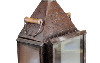 French iron wall lantern with brass finial