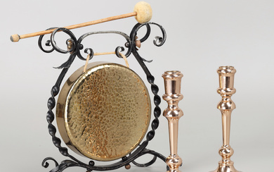 GONG-GONG and CANDLESTICKS, Brass, wrought iron, Mid 20th century.