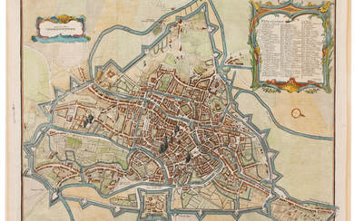 (Gent) Een midden 18de-eeuwse gegraveerde en ingekleurde plattegrond van Gent, getiteld 'Ghent a large city and castle