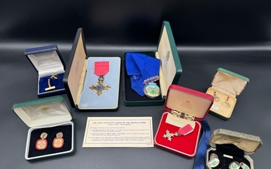 George V OBE with matching cufflinks, miniature OBE + Sterli...