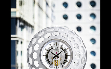HERMÈS AND JAEGER-LECOULTRE. AN UNUSUAL AND RARE LIMITED EDITION WHITE ENAMEL AND CRYSTAL ATMOS CLOCK