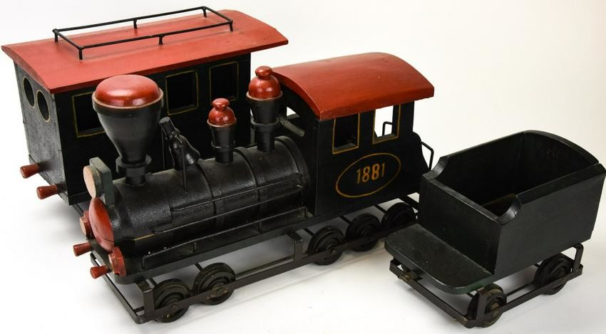 Hand Carved Large 3 Piece Wood + Iron Toy Train