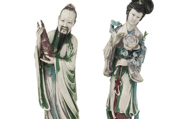He Xiangu et joueur de sheng, 2 sculptures en ivoire avec rehauts de polychromie, Chine, XXe s., h. 29,5 et 29 cm