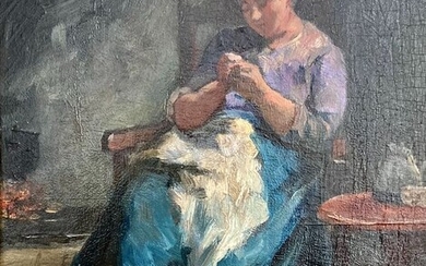 Hein Kever (1854-1922) - Breiende vrouw in Larens interieur