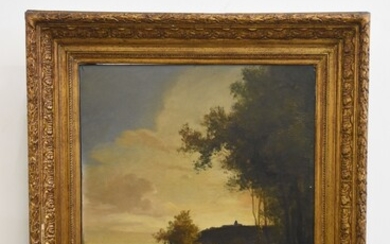 Huile sur toile "Paysage animée" signée J.Morelly (65x55cm) (1 trou et encadrement doré)