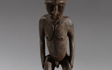 IATMUL, Papouasie Nouvelle-Guinée. Bois dur, patine foncée. Statue d'un personnage masculine debout, les yeux incrustés...
