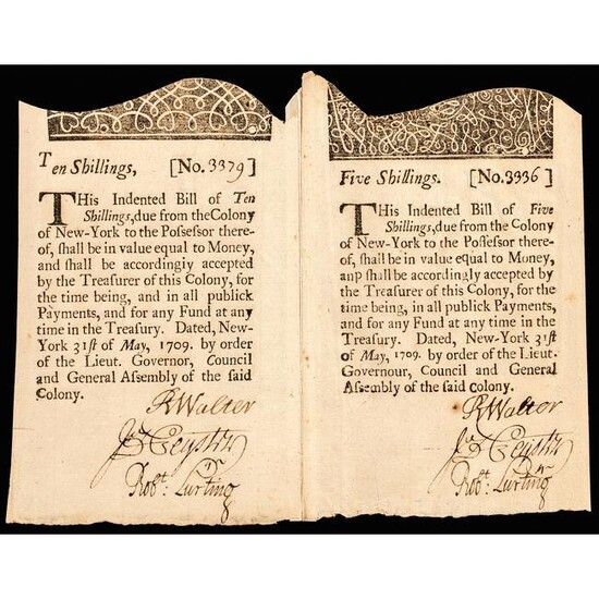 INDENTED BILLS FROM THE COLONY OF NEW YORK 1709