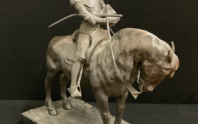 Ignoto del secolo XIX "Ludovico il Moro a cavallo (?)" scultura in bronzo (cm 45x48) su base in marmo…