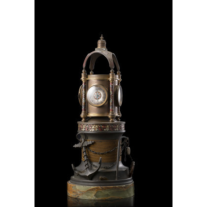 Industrial mantel clock, "the Bollard" model. Round structure on onyx base, bronze, brass and enamel lighthouse form case. Revolving lantern...