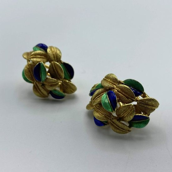 Italian 18K Gold & Enamel Earrings. Clip on Earrings. B